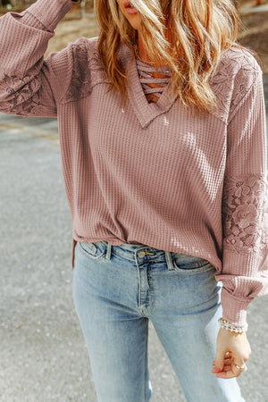 Pink Lace Waffle Patchwork Strappy V Neck Long Sleeve Top-3