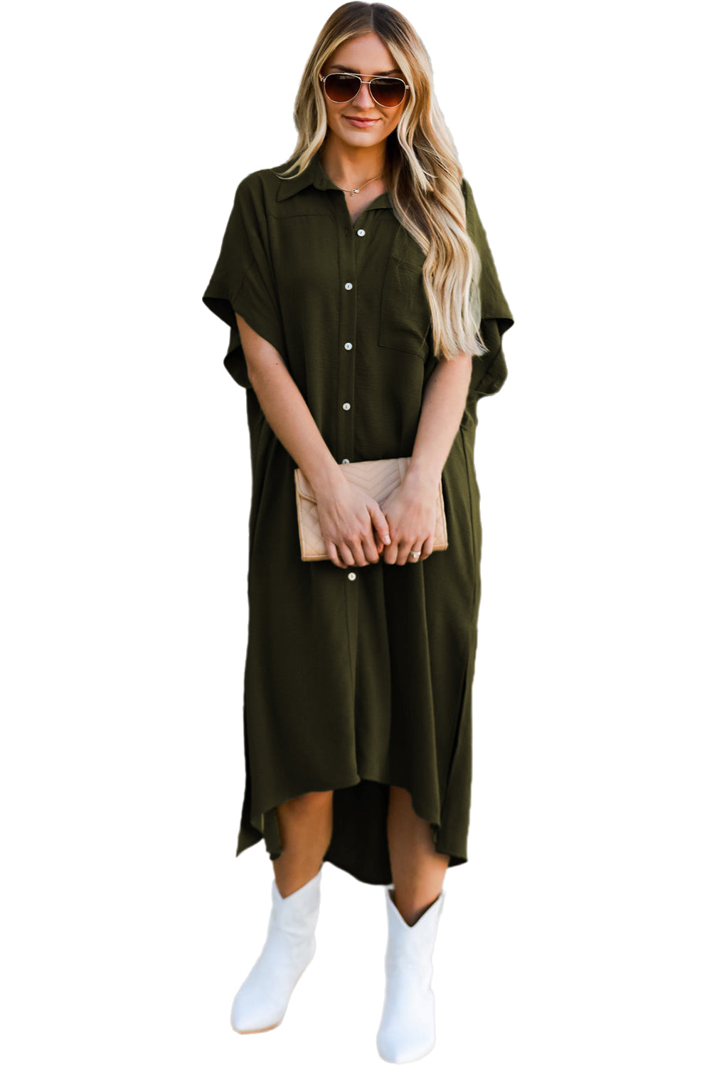 Jungle Green Loose High Low Side Slits Short Sleeve Shirt Dress-10
