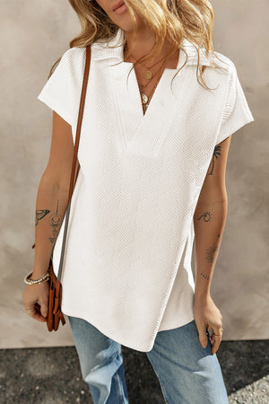 White Textured V Neck Collared Short Sleeve Top-2