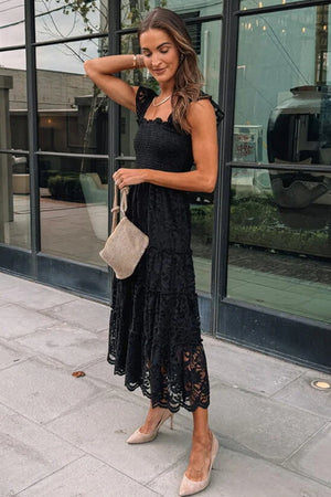 Black Lace Smocked Bodice Sleeveless Midi Dress-5