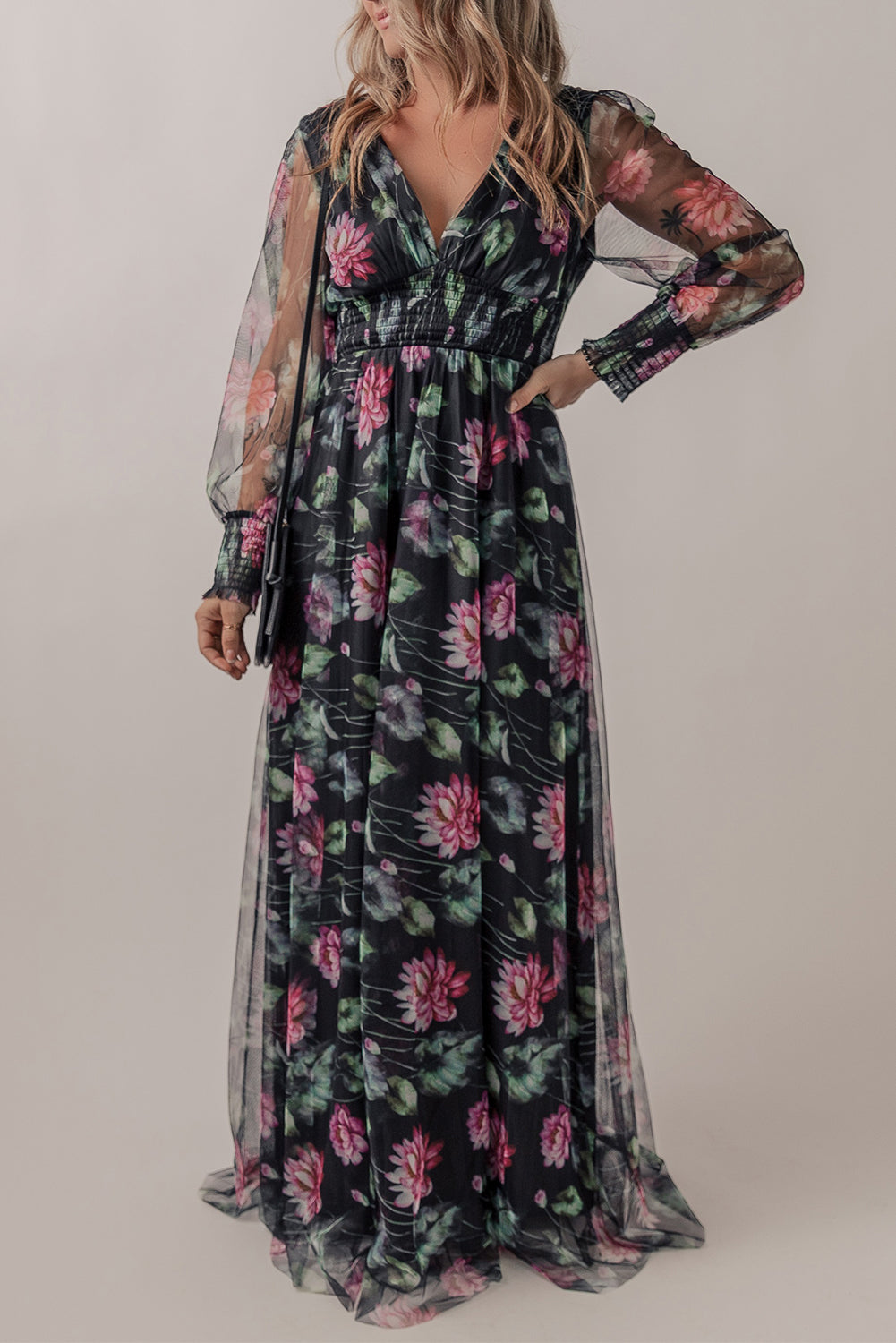 Black Mesh Sheer Shirred High Waist Floral Maxi Dress-2