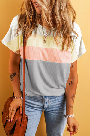 Gray Ribbed Color Block Patchwork T-shirt-3