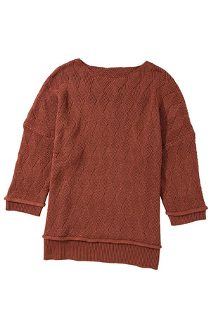 Gold Flame Solid Color Textured Crew Neck Loose Sweater-13
