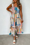 Khaki Mix Striped Wide Straps Smocked Tiered Maxi Dress-0