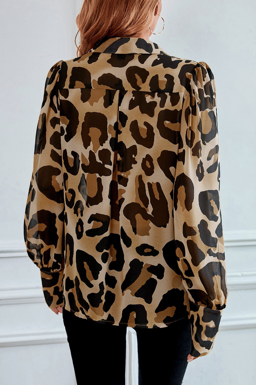 Leopard Bishop Sleeve Button up Turn Down Collar Shirt-1