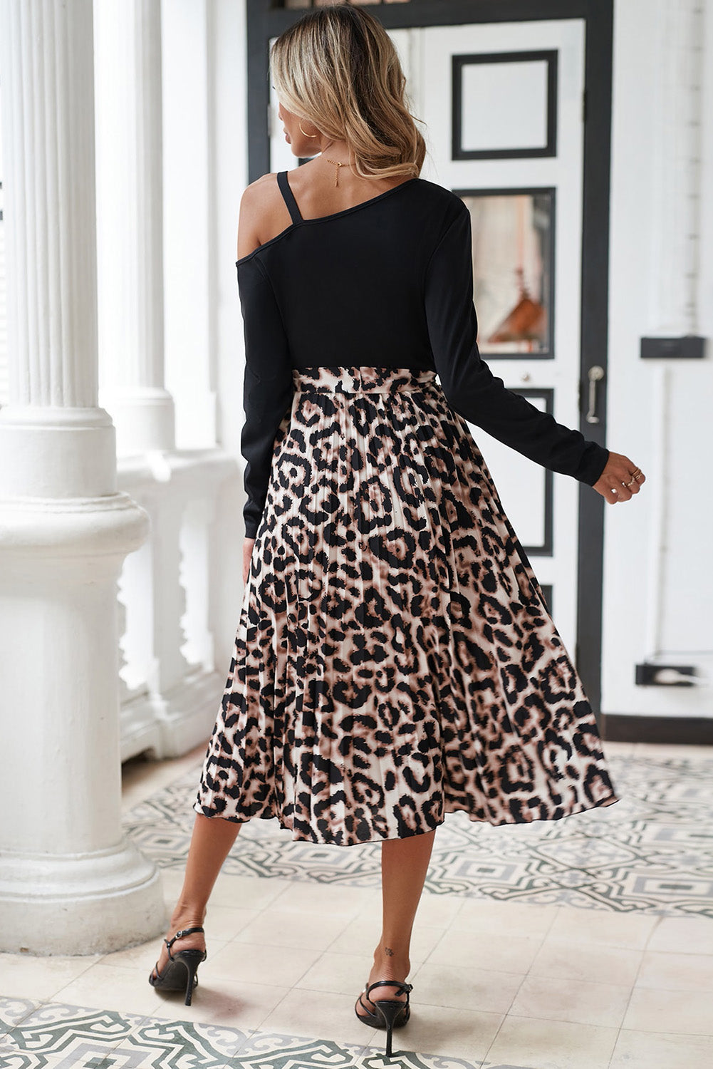 Black Asymmetric Shoulder Leopard Belted Dress-1