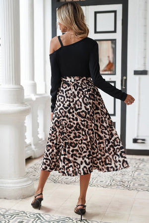 Black Asymmetric Shoulder Leopard Belted Dress-1