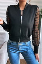 Black Latticed Mesh Sleeve Zip Up Bomber Jacket-4