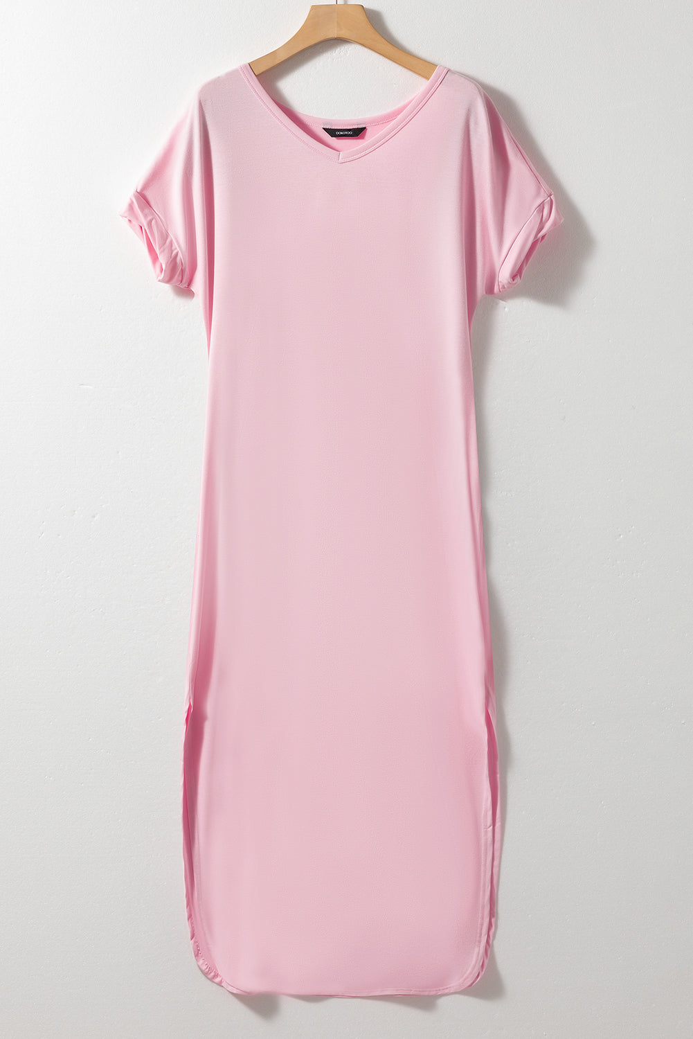 Pink V Neck Hidden Pocket Splits Maxi T-shirt Dress-3