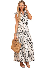 White Abstract Vein Print V Neck Ruffle Maxi Dress-19