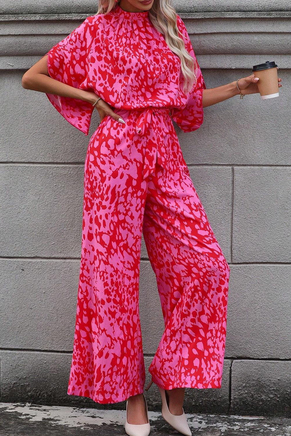 Rose Leopard Loose Sleeve Belted Wide Leg Jumpsuit-6