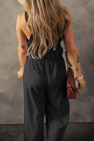 Black Knotted Straps Button Textured Drawstring Jumpsuit-1