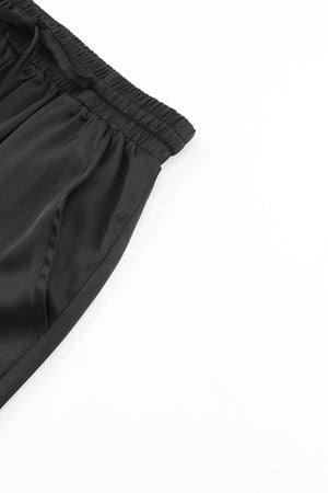 Black Satin Pocketed Drawstring Elastic Waist Pants-12