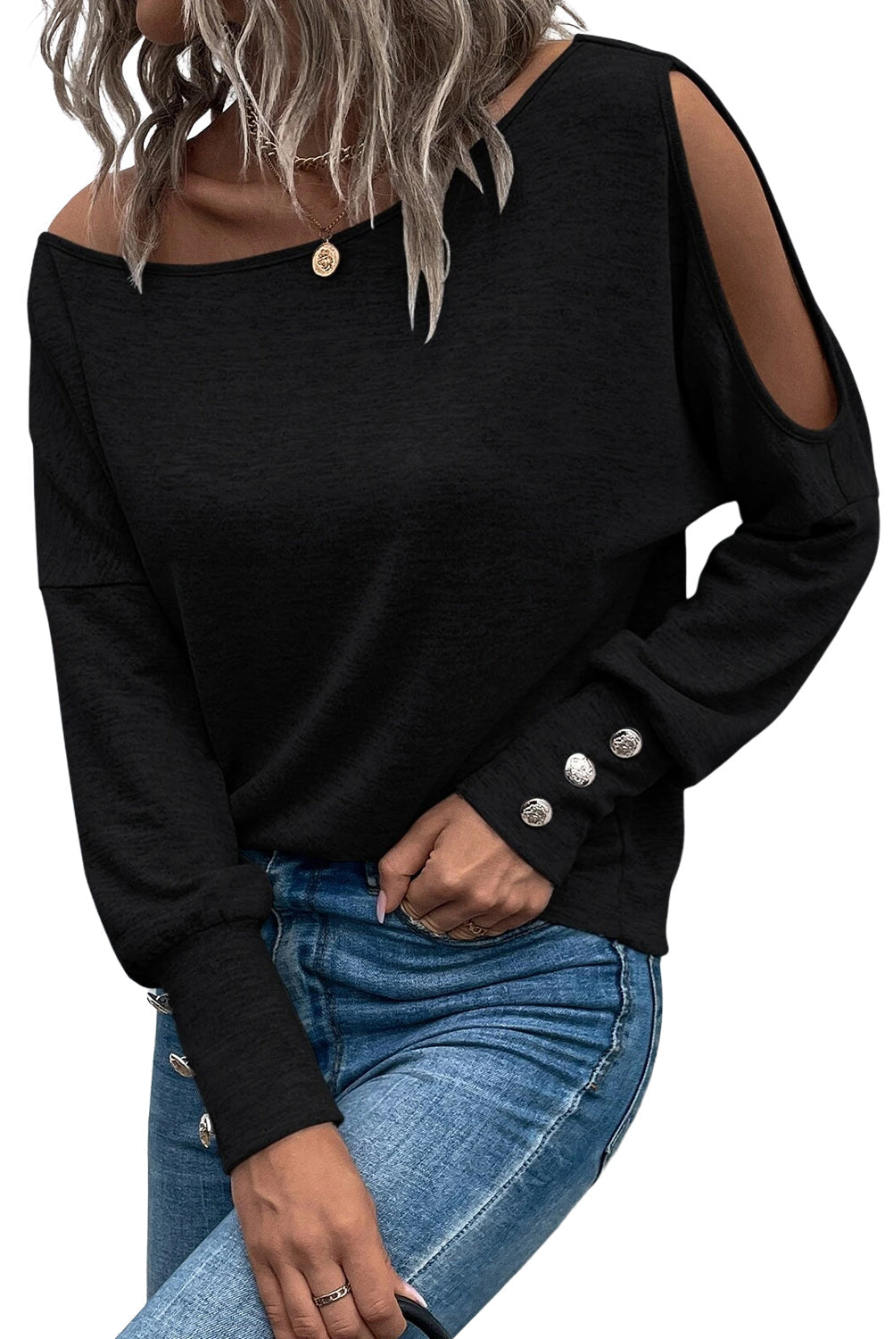 Black Asymmetrical Cut Out Buttoned Long Sleeve Top-3