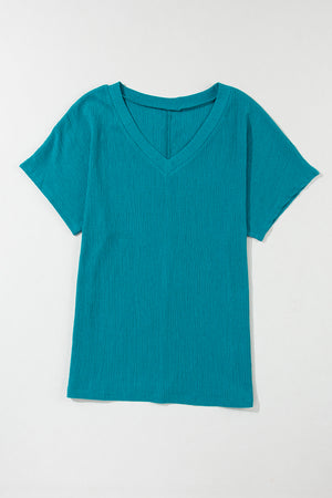 Blue Sapphire Crinkled V Neck Wide Sleeve T-shirt-6