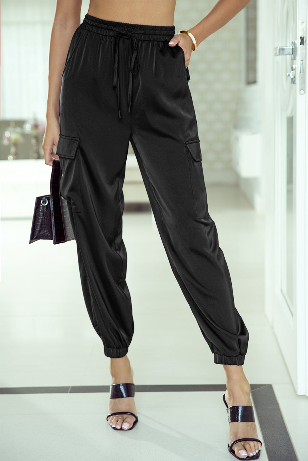 Black Satin Pocketed Drawstring Elastic Waist Pants-0