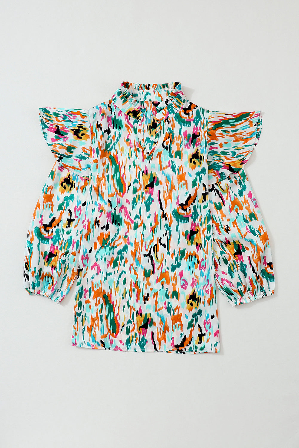 Multicolor Abstract Print 3/4 Puff Sleeve Ruffle Blouse-7