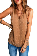 Brown Swiss Dot Lace Stitching V Neck Tank Top-9