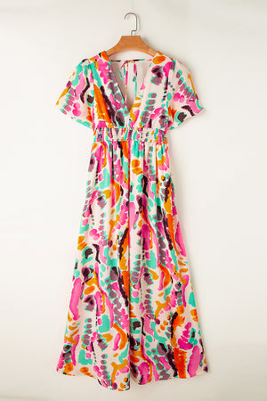 Pink Boho Tie-dye Print V Neck Maxi Dress-12