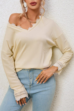 Apricot Ribbed Texture Lace Trim V Neck Long Sleeve Top-5