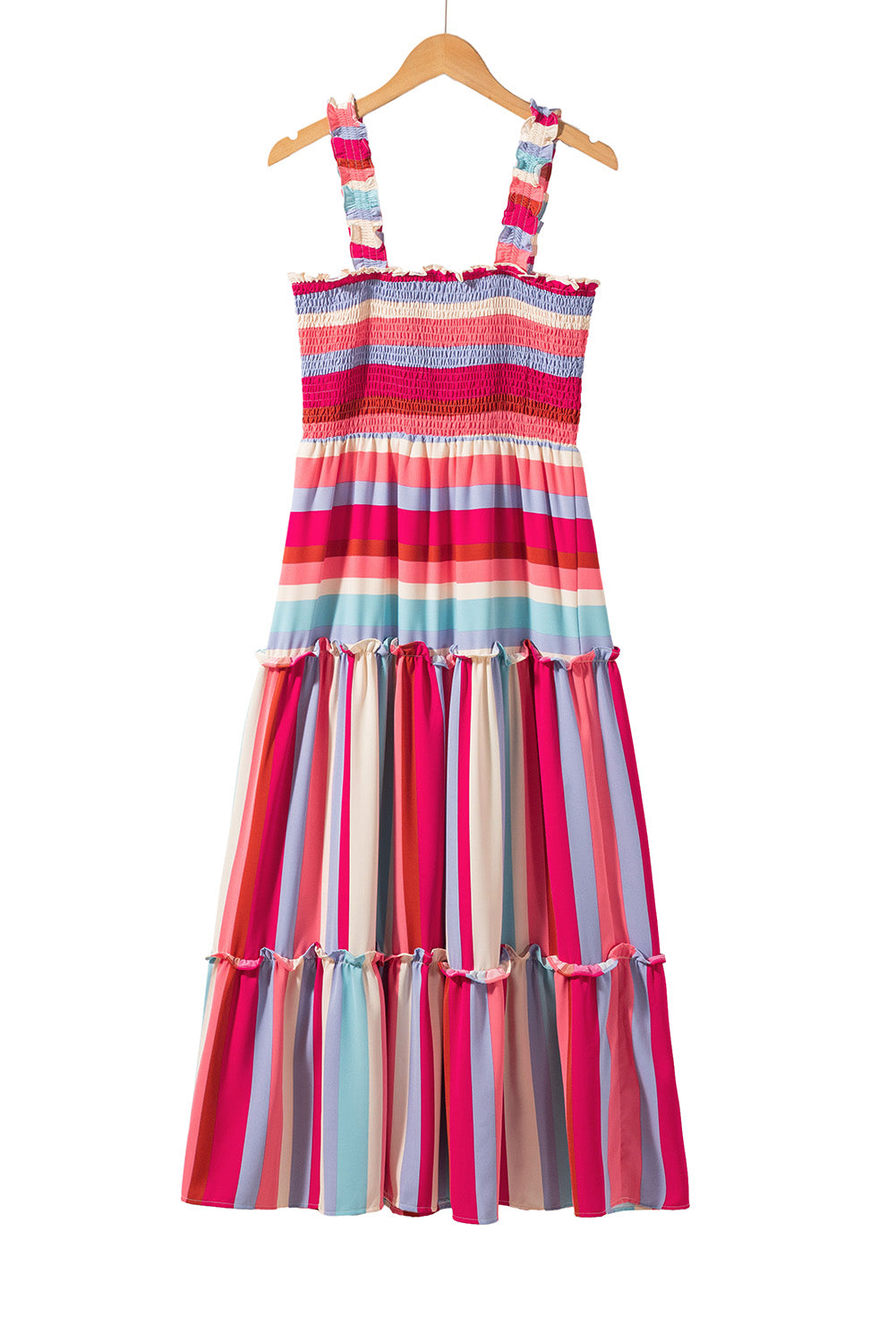 Red Stripe Ruffled Straps Smocked Tiered Long Dress-17