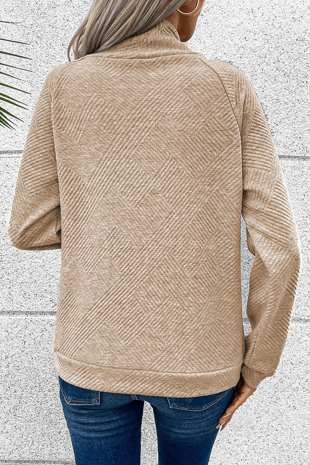 Apricot  Asymmetric Buttons Detail High Neck Textured Sweatshirt-1