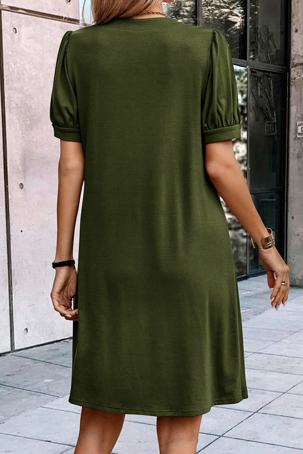 Fern Green Notched Neck Pleated Puff Sleeve Shift T-shirt Dress-1