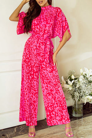 Rose Leopard Loose Sleeve Belted Wide Leg Jumpsuit-5