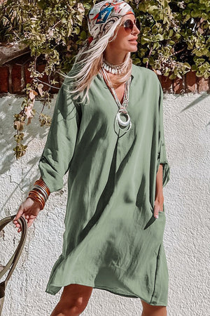 Green Roll-tab Sleeve Flowy Casual Dress-3
