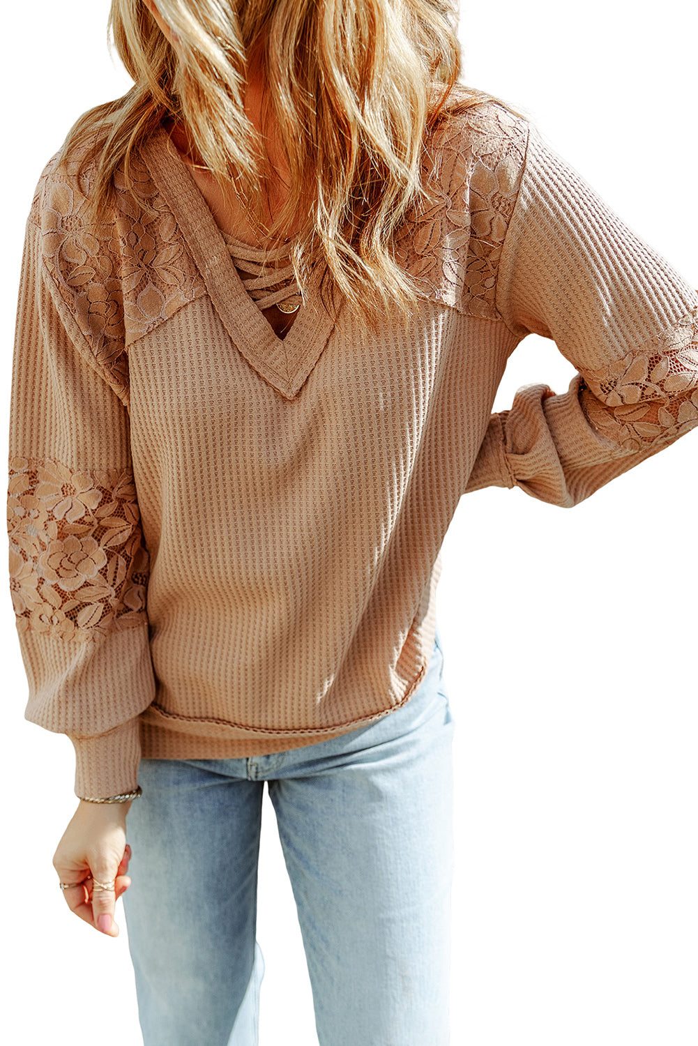 Apricot Lace Waffle Patchwork Strappy V Neck Long Sleeve Top-5