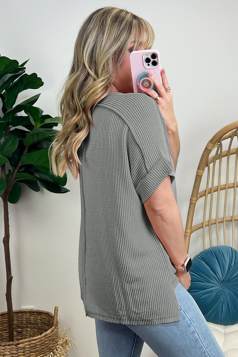 Medium Grey Textured Knit Exposed Stitching T-shirt-3