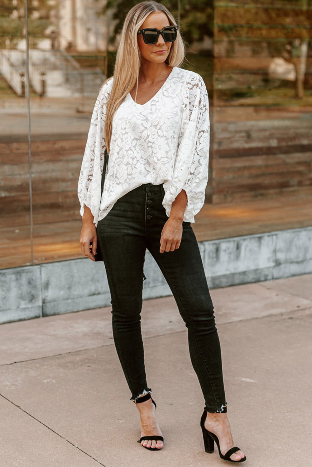 White Floral Lace Crochet Loose Fit V Neck Top-4