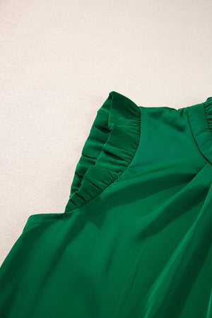 Bright Green Pleated Mock Neck Frilled Trim Sleeveless Top-12