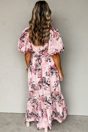 Pink Floral Puff Sleeve High Waist Maxi Dress-1