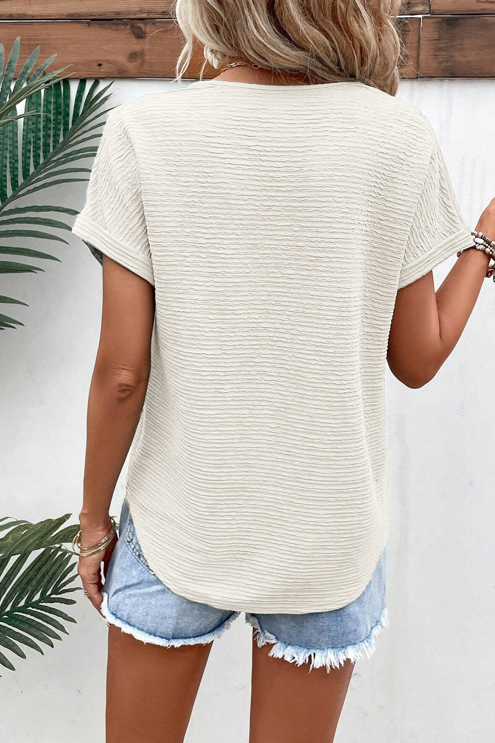 Pale Khaki Textured Wide Sleeve V Neck T Shirt-1