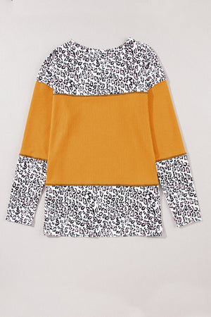 Vitality Orange Leopard Print Waffle Knit Patchwork Top-5