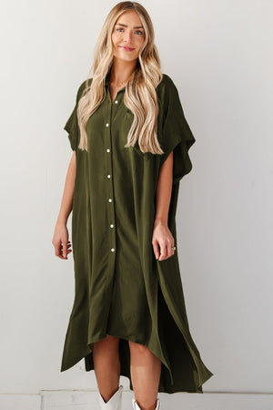 Jungle Green Loose High Low Side Slits Short Sleeve Shirt Dress-7