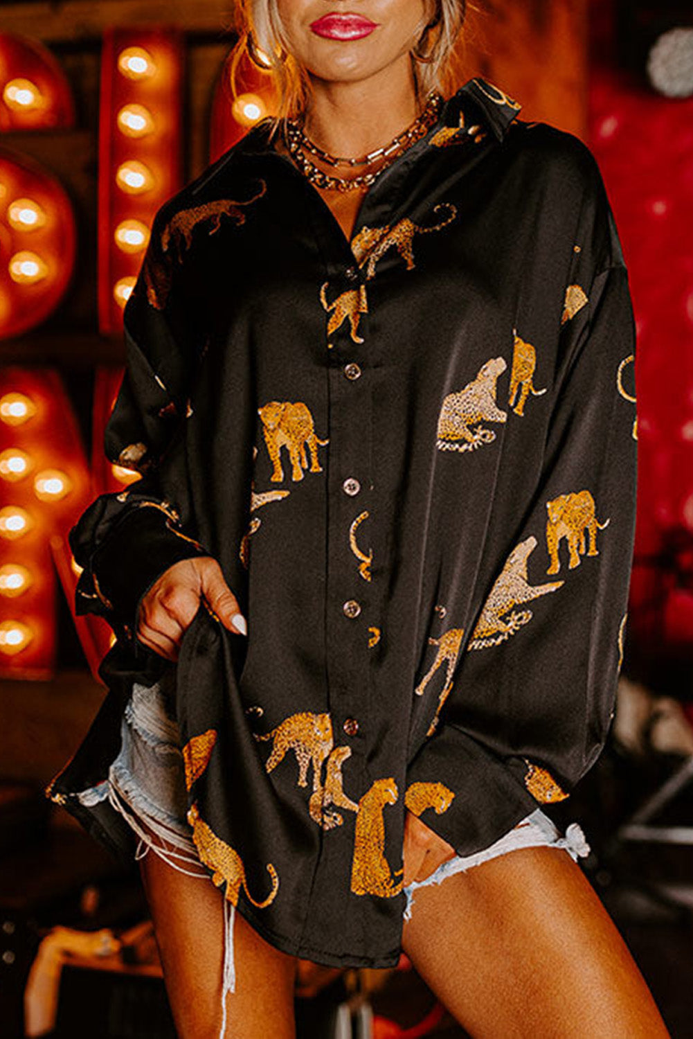 Black Cheetah Animal Print Button Up Satin Shirt-0