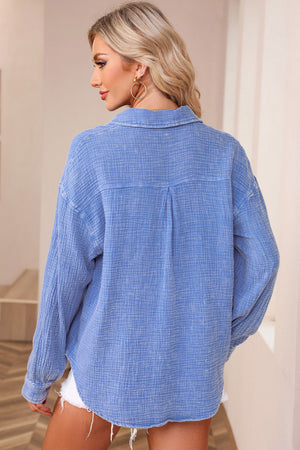 Sky Blue Mineral Wash Crinkle Textured Chest Pockets Shirt-1