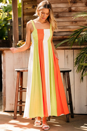 Green Color Block Shirred High Waist Fit and Flare Maxi Dress-3