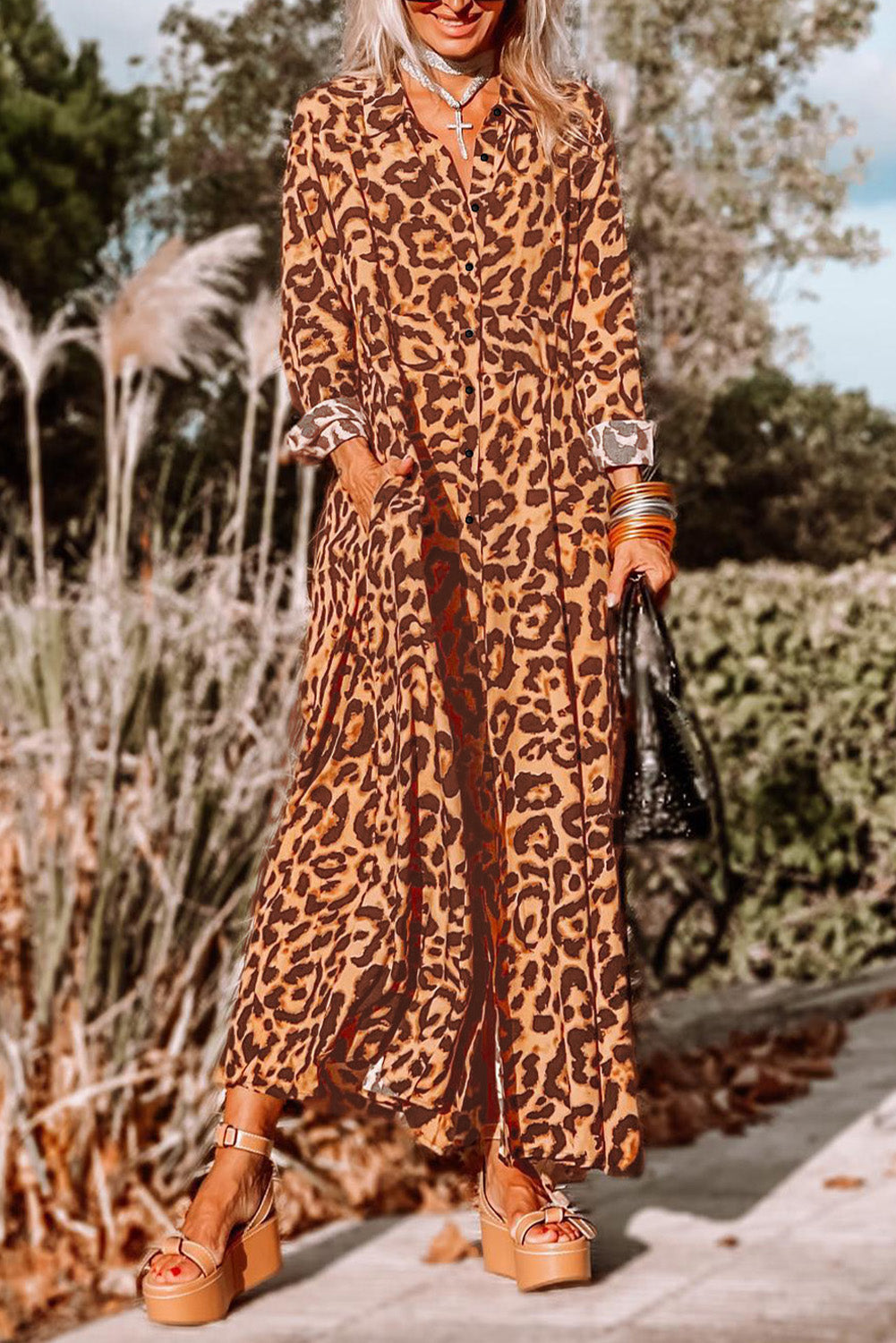 Leopard Button-Up Long Sleeve Maxi Dress-0