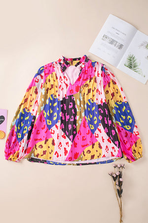Rose Leopard Patchwork Print Pleated Blouse-8