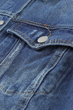 Blue Lapel Distressed Raw Hem Buttons Denim Jacket-11