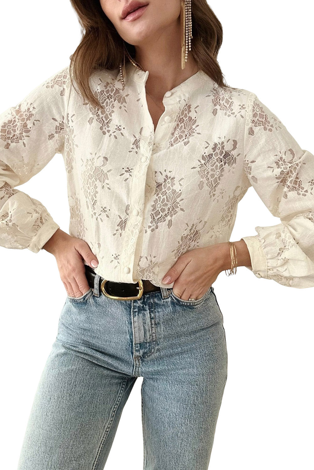 White Floral Lace Stand Neck Textured Shirt-6