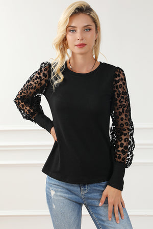 Black Leopard Mesh Puff Sleeve Patchwork Slim Fit Top-9