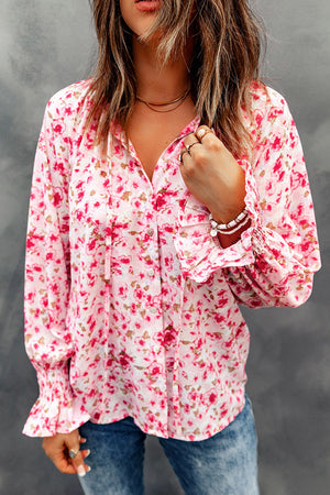 ΑΜΕΣΑ ΔΙΑΘΕΣΙΜΟ:  φούξια φλοράλ μπλουζάκι με κουμπιά και V ντεκολτέ LAWANA PINΚ
