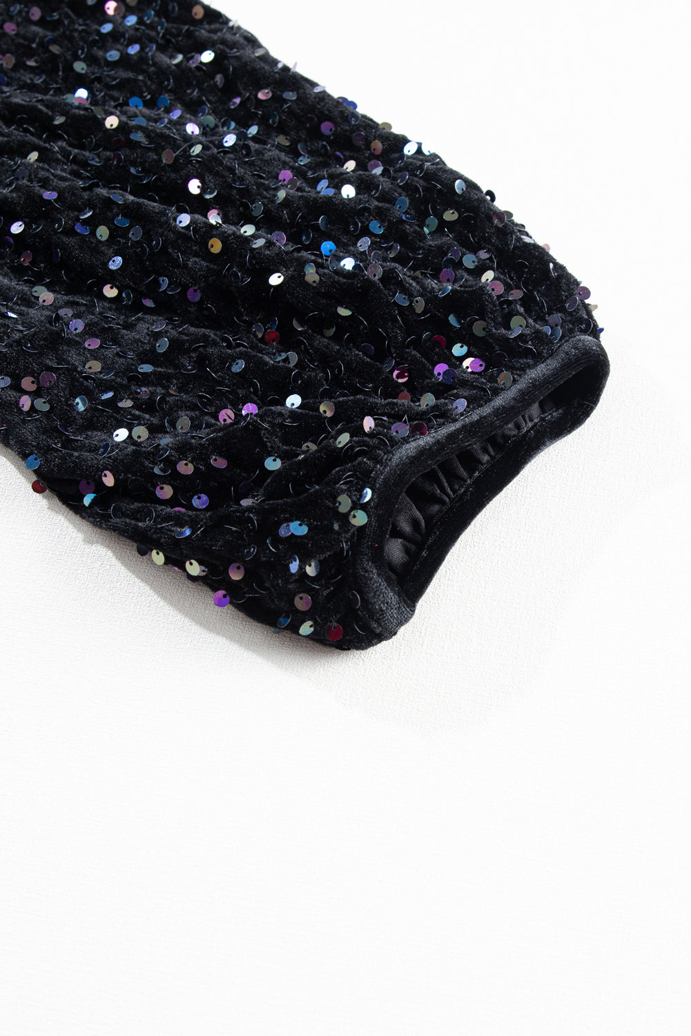 Black Sequin Puff Sleeve Buttoned Velvet Peplum Shirt-13
