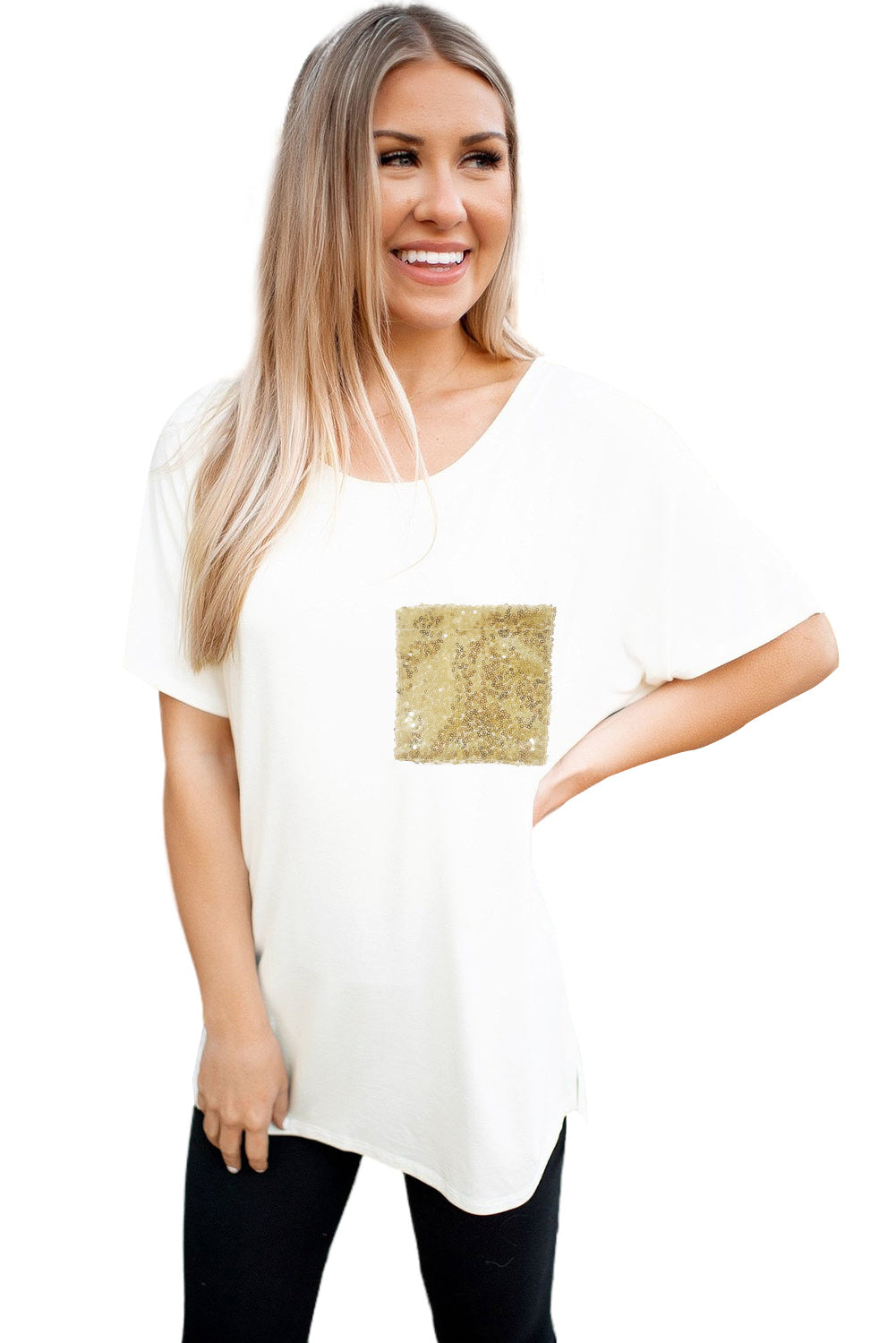 ΑΜΕΣΑ ΔΙΑΘΕΣΙΜΟ: άσπρο κοντομάνικο t-shirt   με παγιέτες LOUANN WHITE