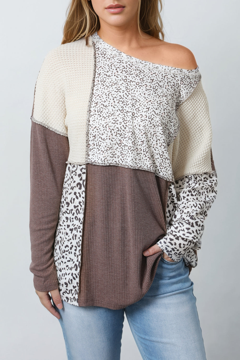 Leopard Colorblock Textured Knit Patchwork Top-3