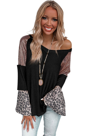 Black Sequin Patchwork Bell Sleeve V Neck Tunic Top-5